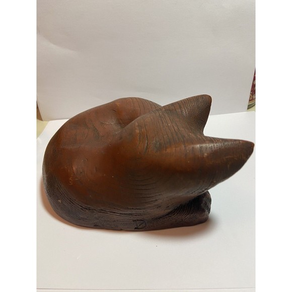 Vintage Wooden Carved Kitten / Cat Sleeping Curled Up Folk Art Kitty SIGNED - Picture 3 of 9